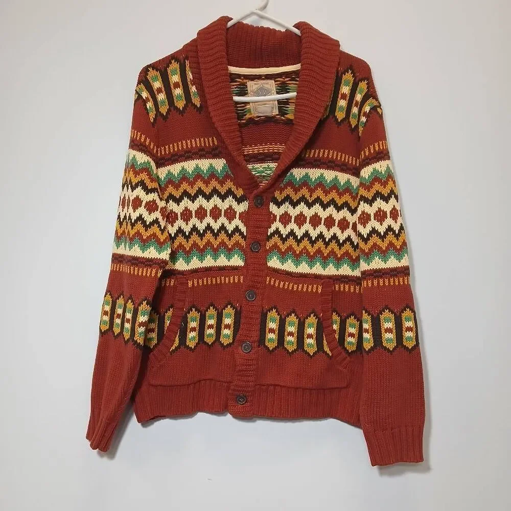 Salt valley medium men rust red brown shawl collar cardigan Southwestern cotton